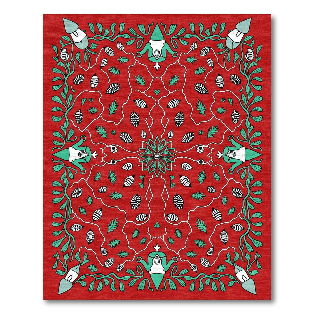 Red Teal Botanical Garden Scene Rug