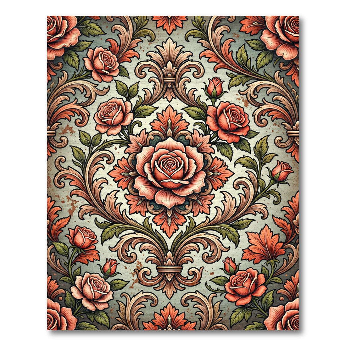 Vintage Salmon Rose Acanthus Scroll Rug