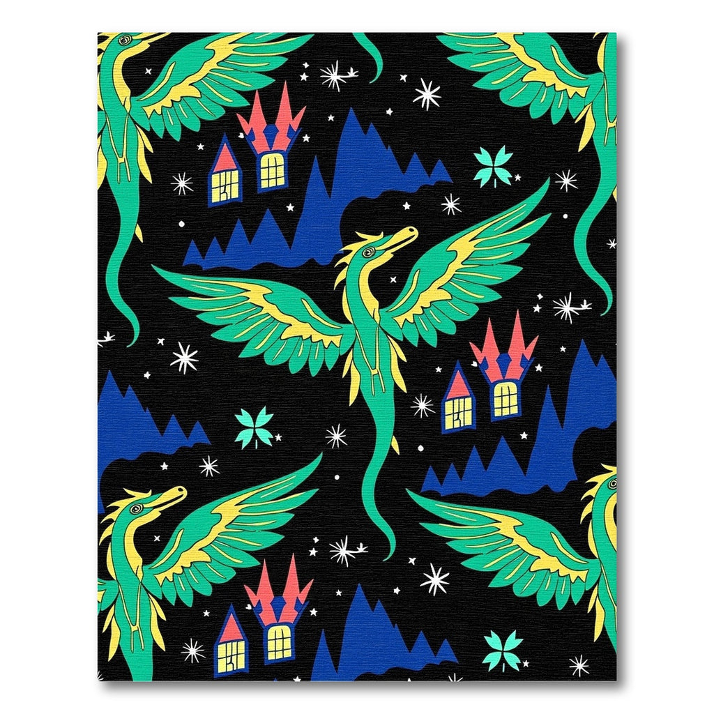 Whimsical Green Dragon Castle Night Rug