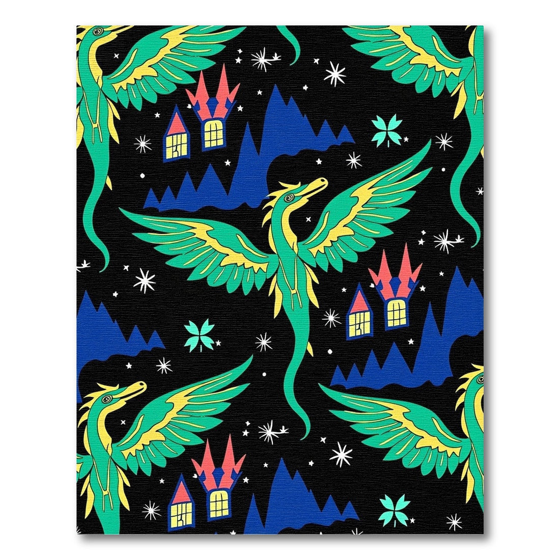 Whimsical Green Dragon Castle Night Rug