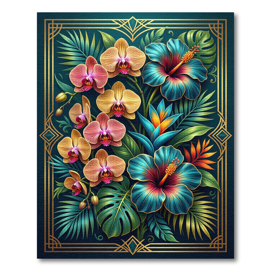 Lush Teal Botanical Tropical Orchid Hibiscus Rug