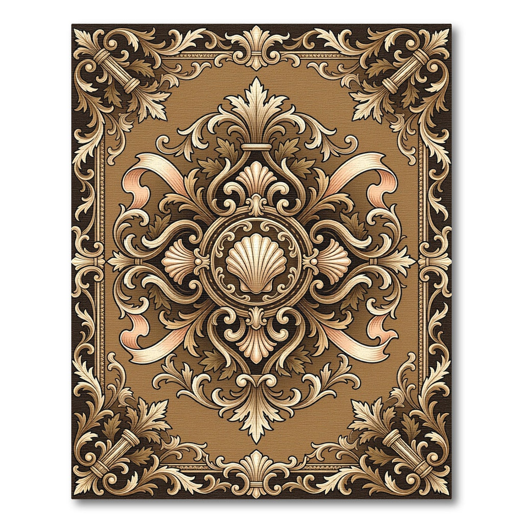 Ornate Gold Shell Baroque Scroll Medallion Rug