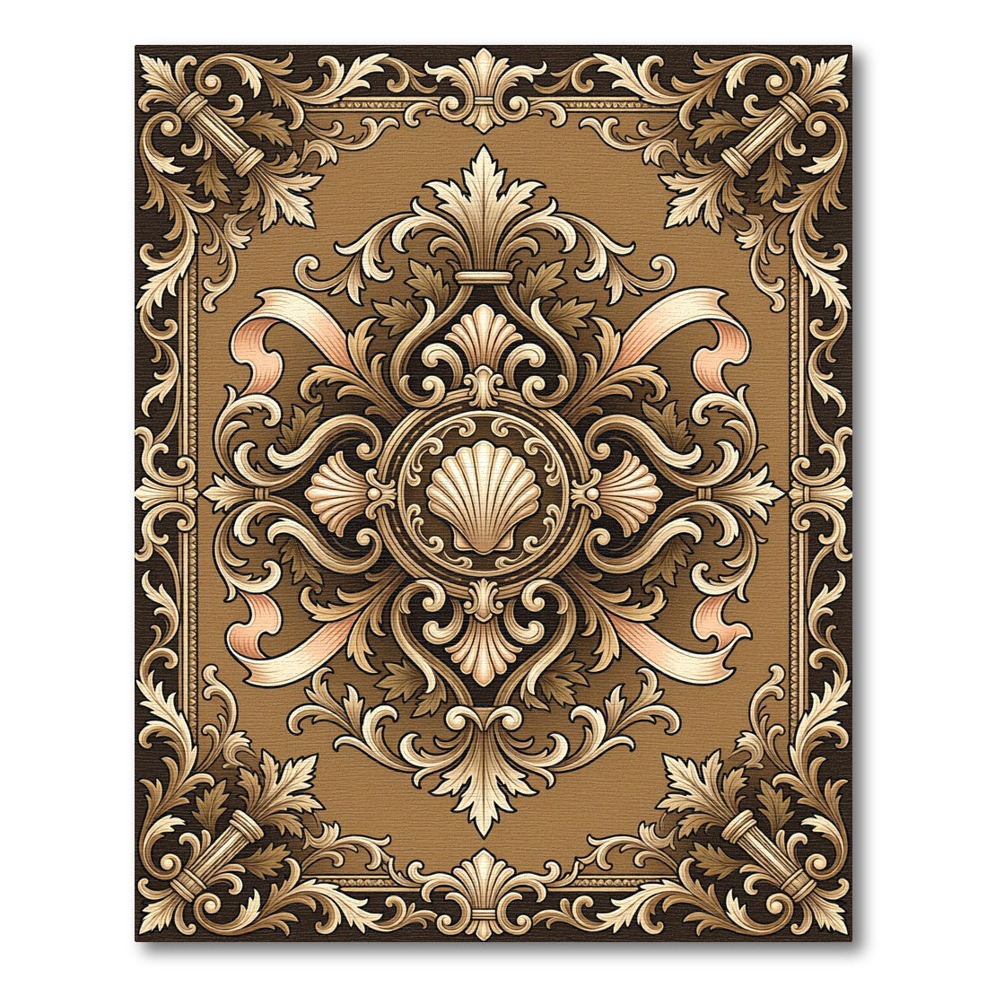 Ornate Gold Shell Baroque Scroll Medallion Rug