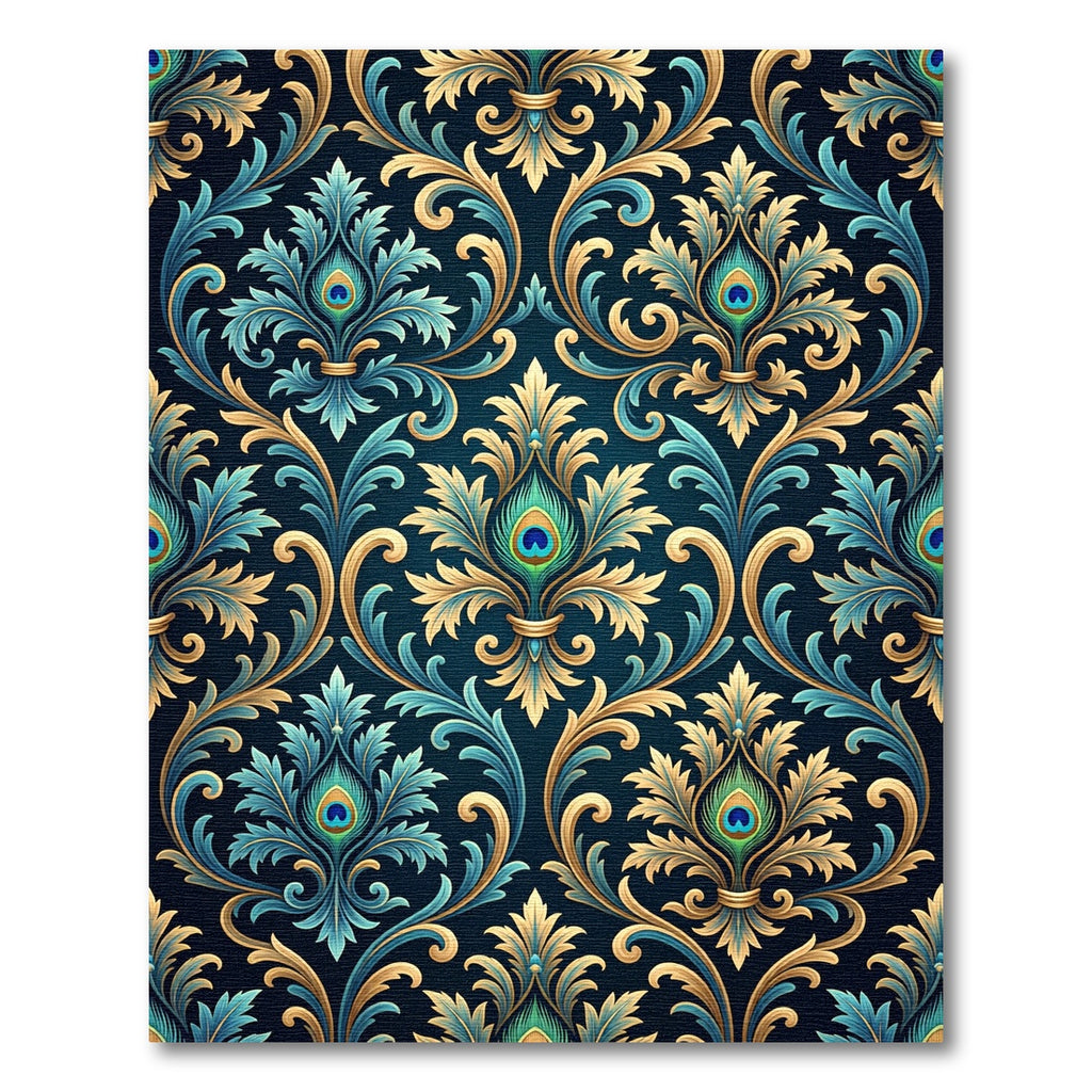 Opulent Peacock Feather Gold Teal Damask Rug
