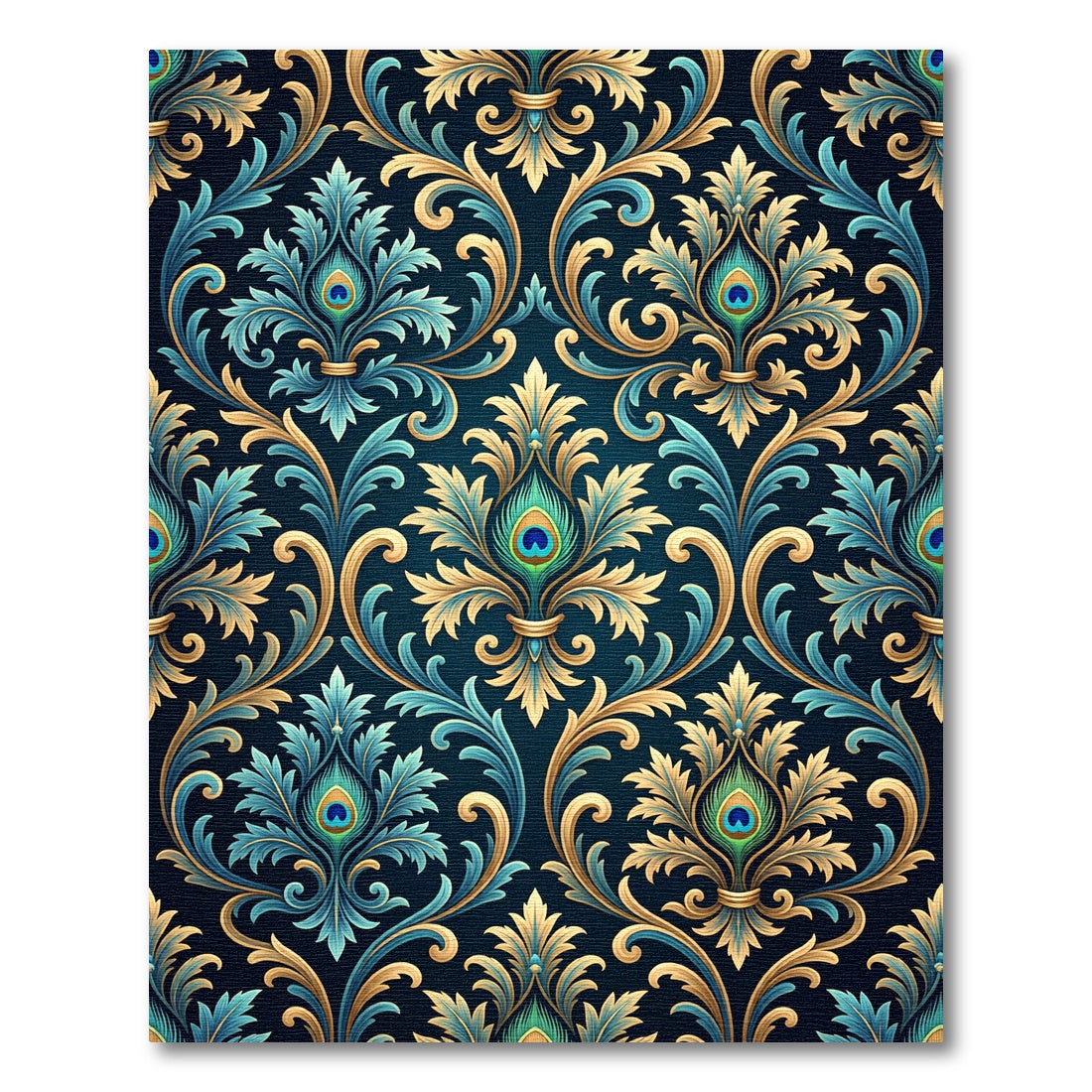 Opulent Peacock Feather Gold Teal Damask Rug