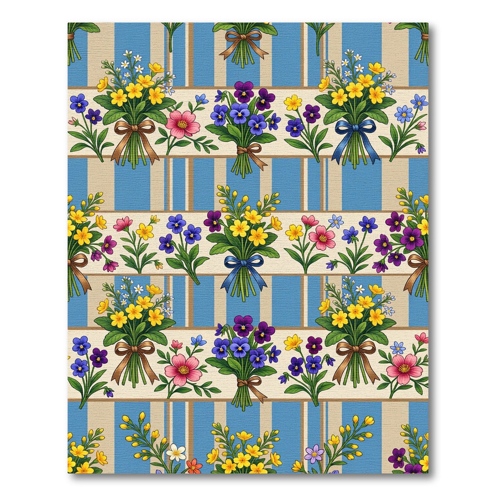 Victorian Blue Striped Floral Bouquet Rug