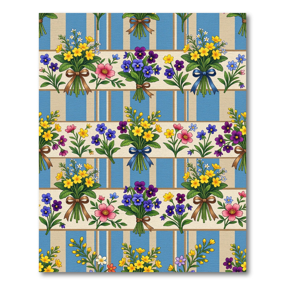 Victorian Blue Striped Floral Bouquet Rug
