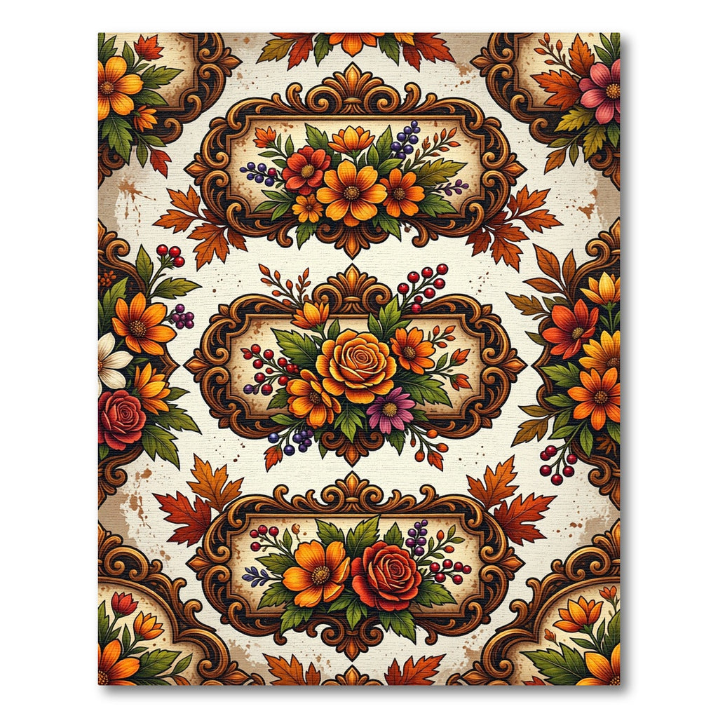 Autumnal Floral Ornate Baroque Frame Rug