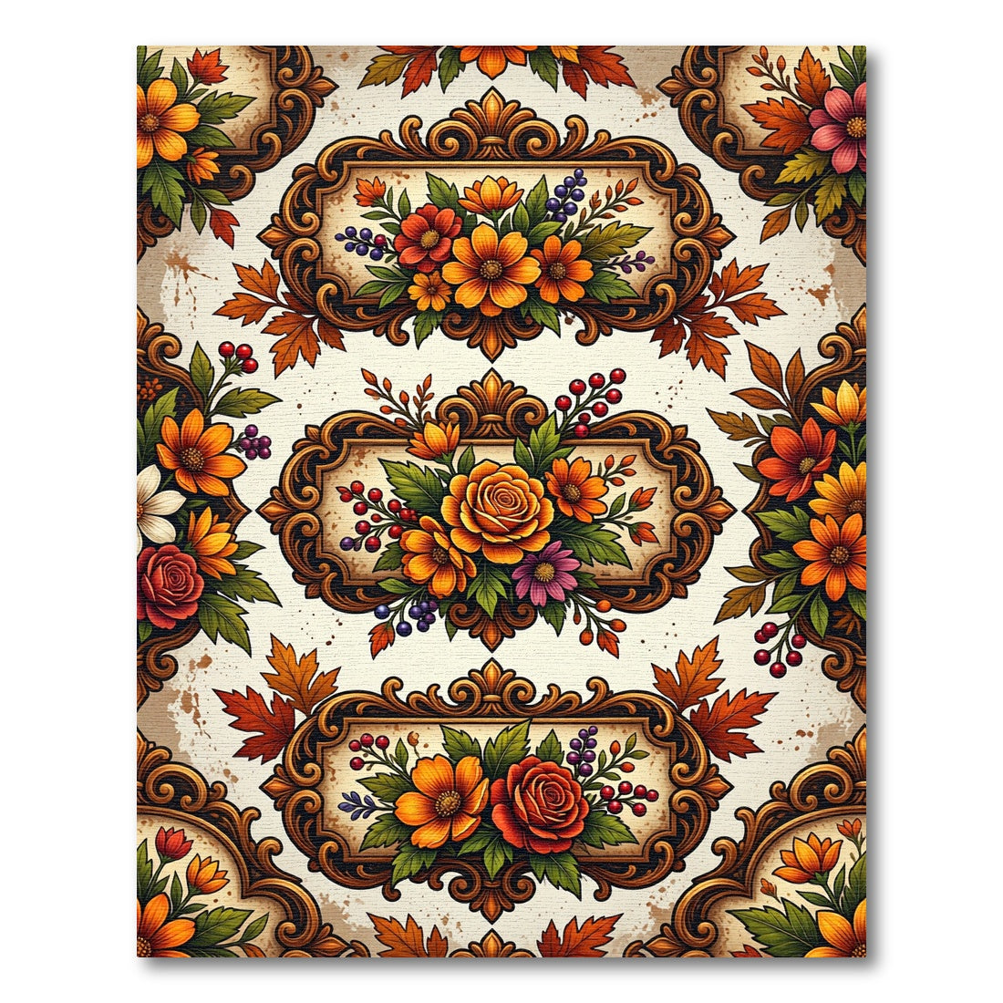 Autumnal Floral Ornate Baroque Frame Rug