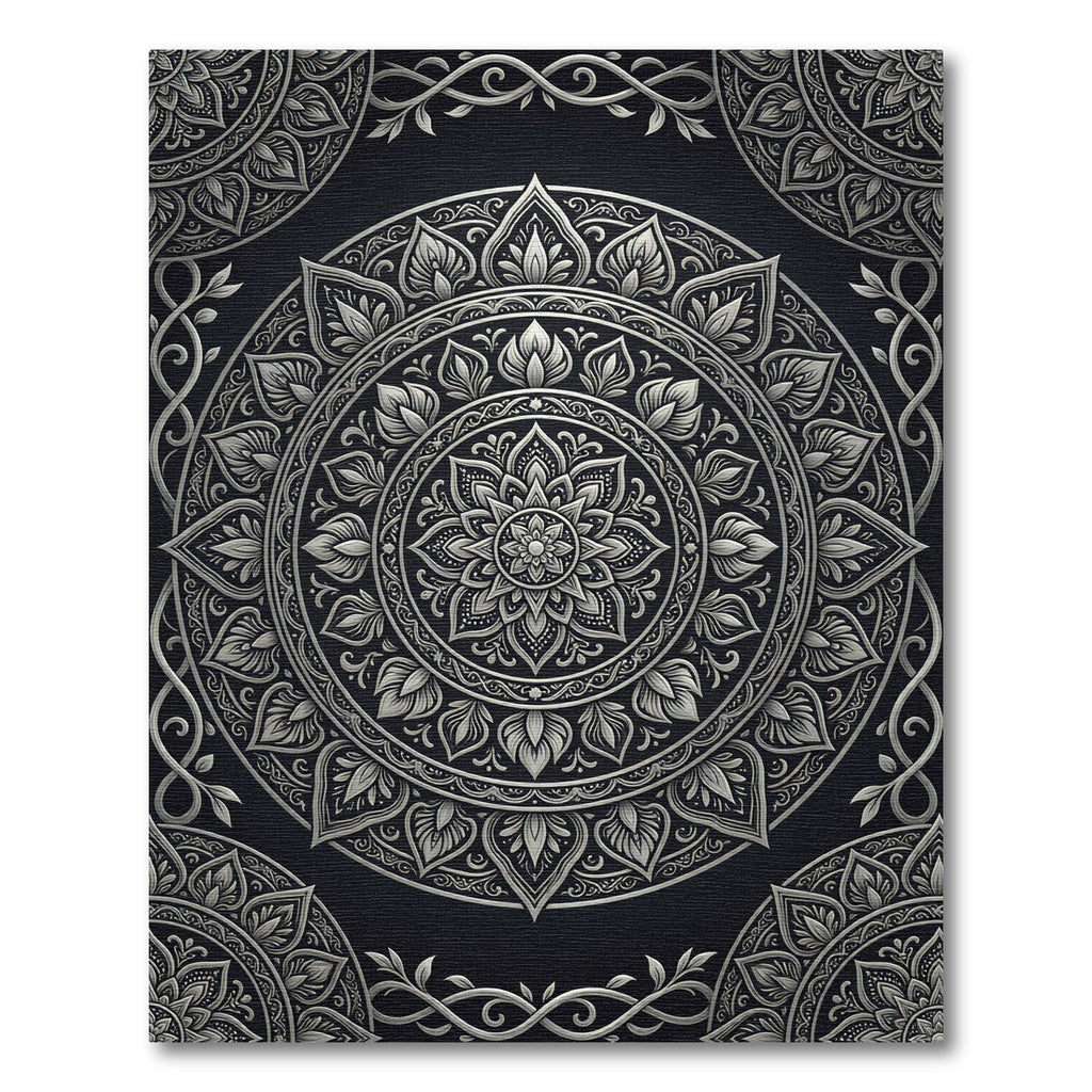 Ornate Silver Monochrome Floral Medallion Rug