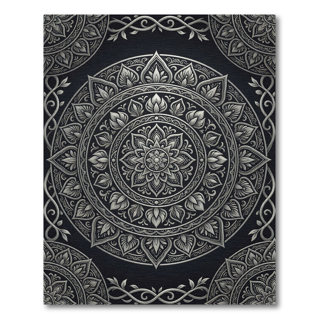 Ornate Silver Monochrome Floral Medallion Rug