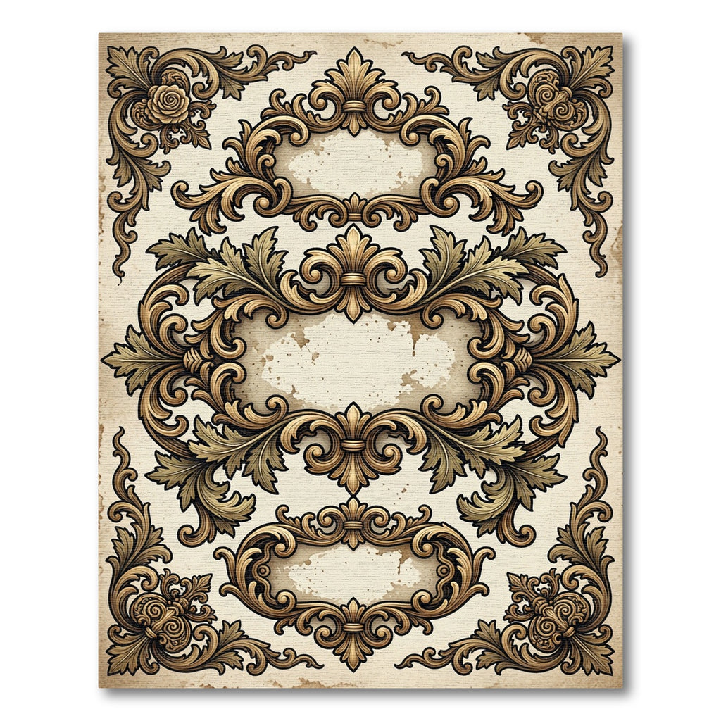 Ornate Gold Leaf Scrollwork Frames Rug