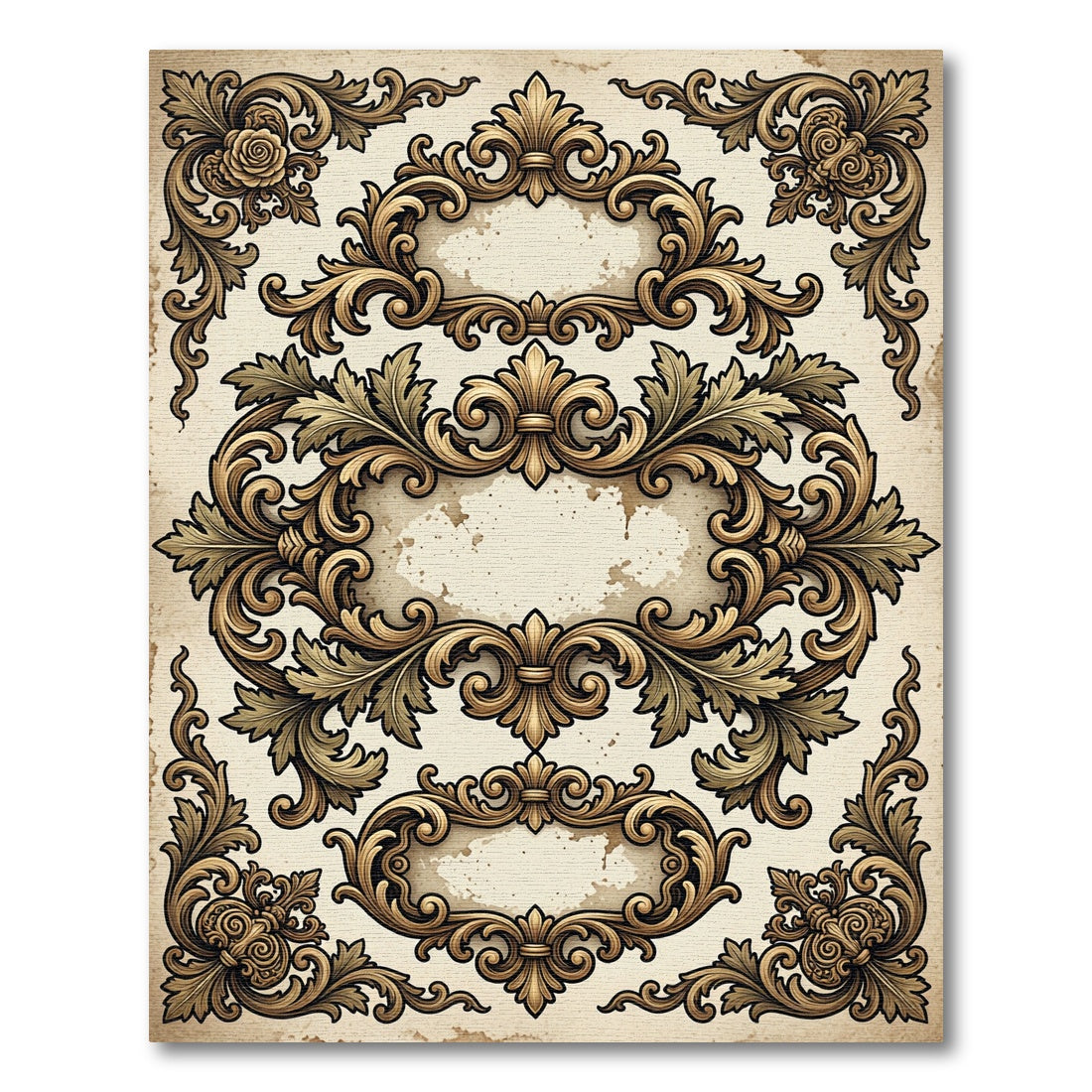 Ornate Gold Leaf Scrollwork Frames Rug