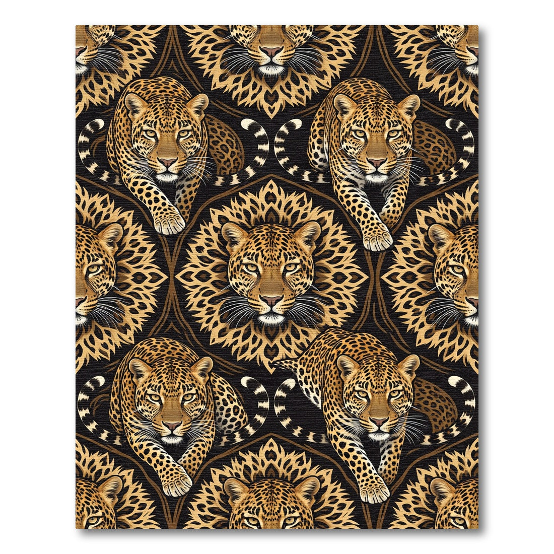 Majestic Golden Leopard Head Black Tapestry Rug