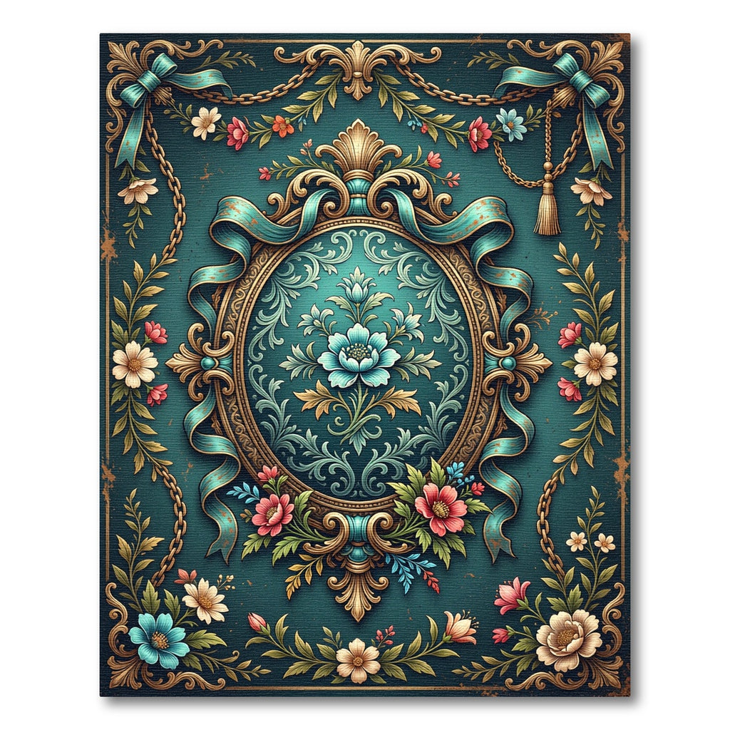 Ornate Teal Floral Rococo Medallion Rug