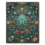 Ornate Teal Floral Rococo Medallion Rug