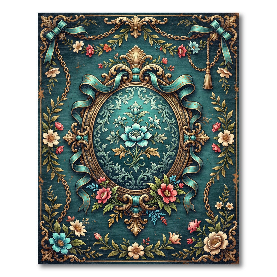 Ornate Teal Floral Rococo Medallion Rug