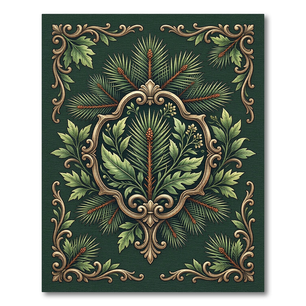 Ornate Emerald Pine Botanical Scroll Rug