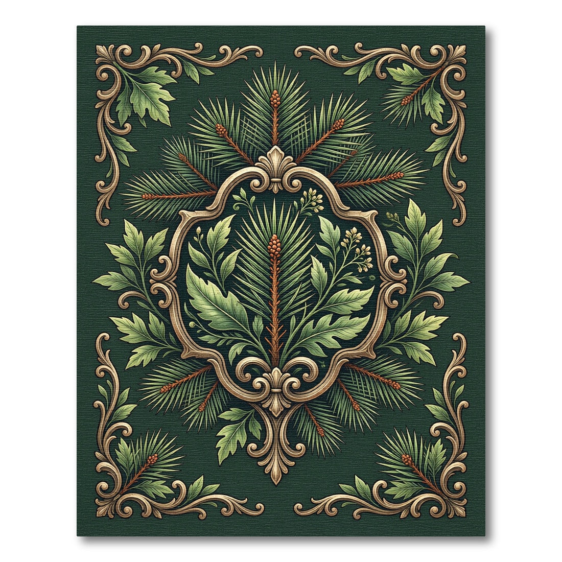 Ornate Emerald Pine Botanical Scroll Rug