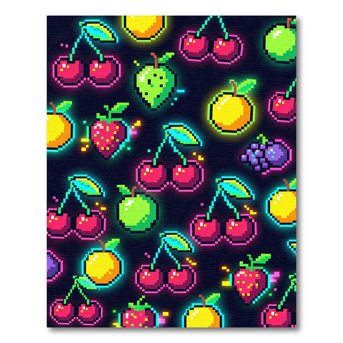 Neon Pixelated Fruit Retro Gaming Art Rug