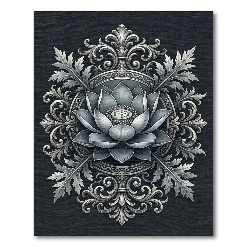 Silver Lotus Floral Ornate Medallion Rug