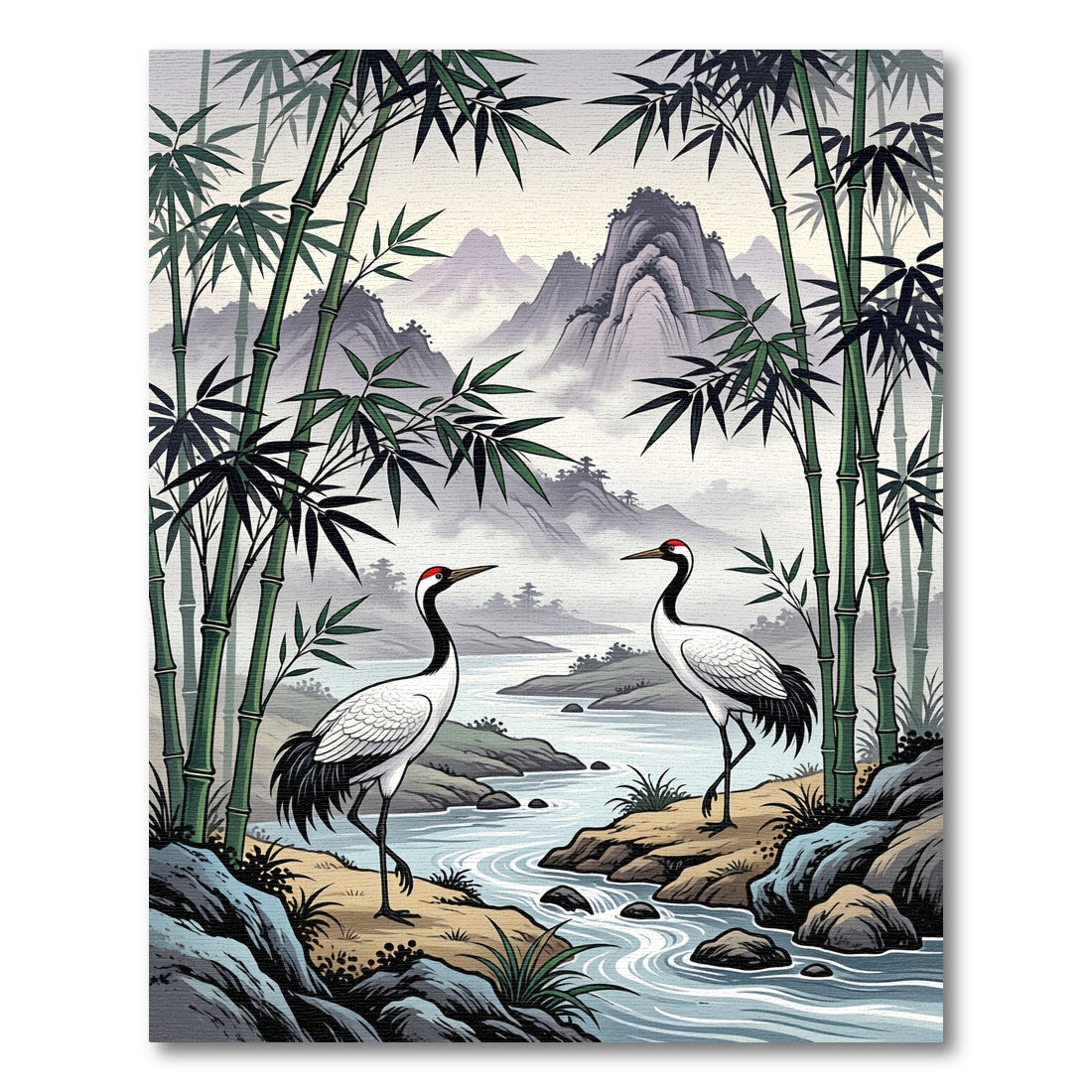 Zen Crane and Bamboo Mountain Landscape Rug