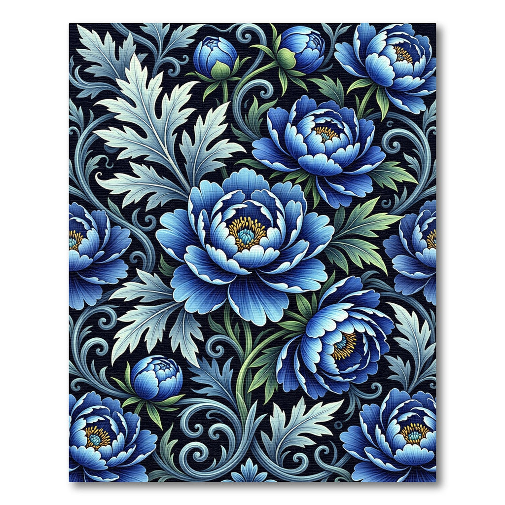 Deep Blue Peony Botanical Floral Art Rug