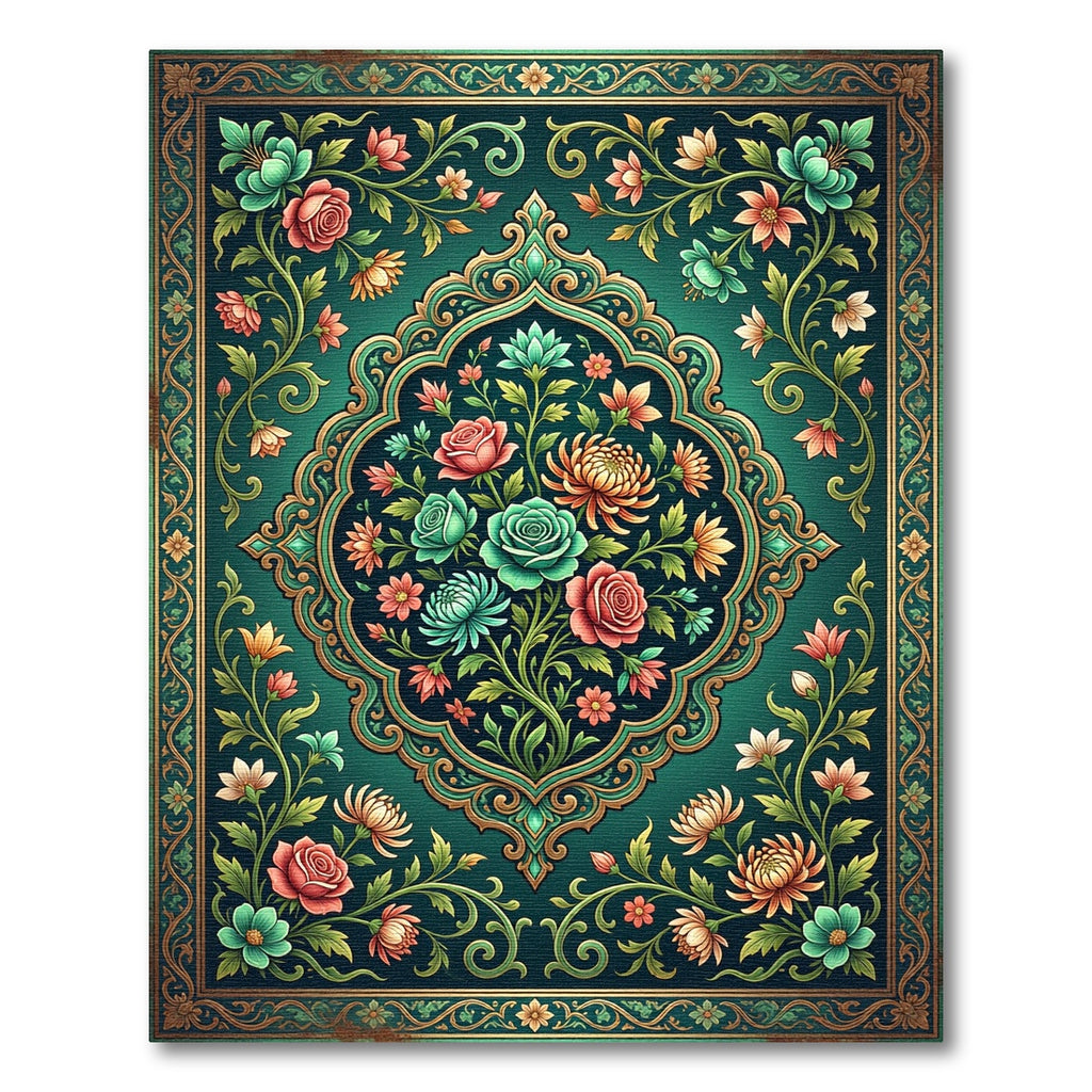 Emerald Green Floral Medallion Garden Rug