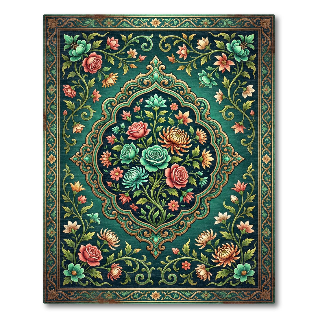 Emerald Green Floral Medallion Garden Rug