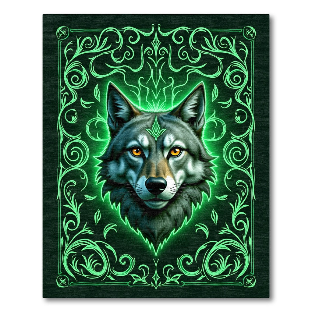 Emerald Neon Wolf Ornate Frame Rug