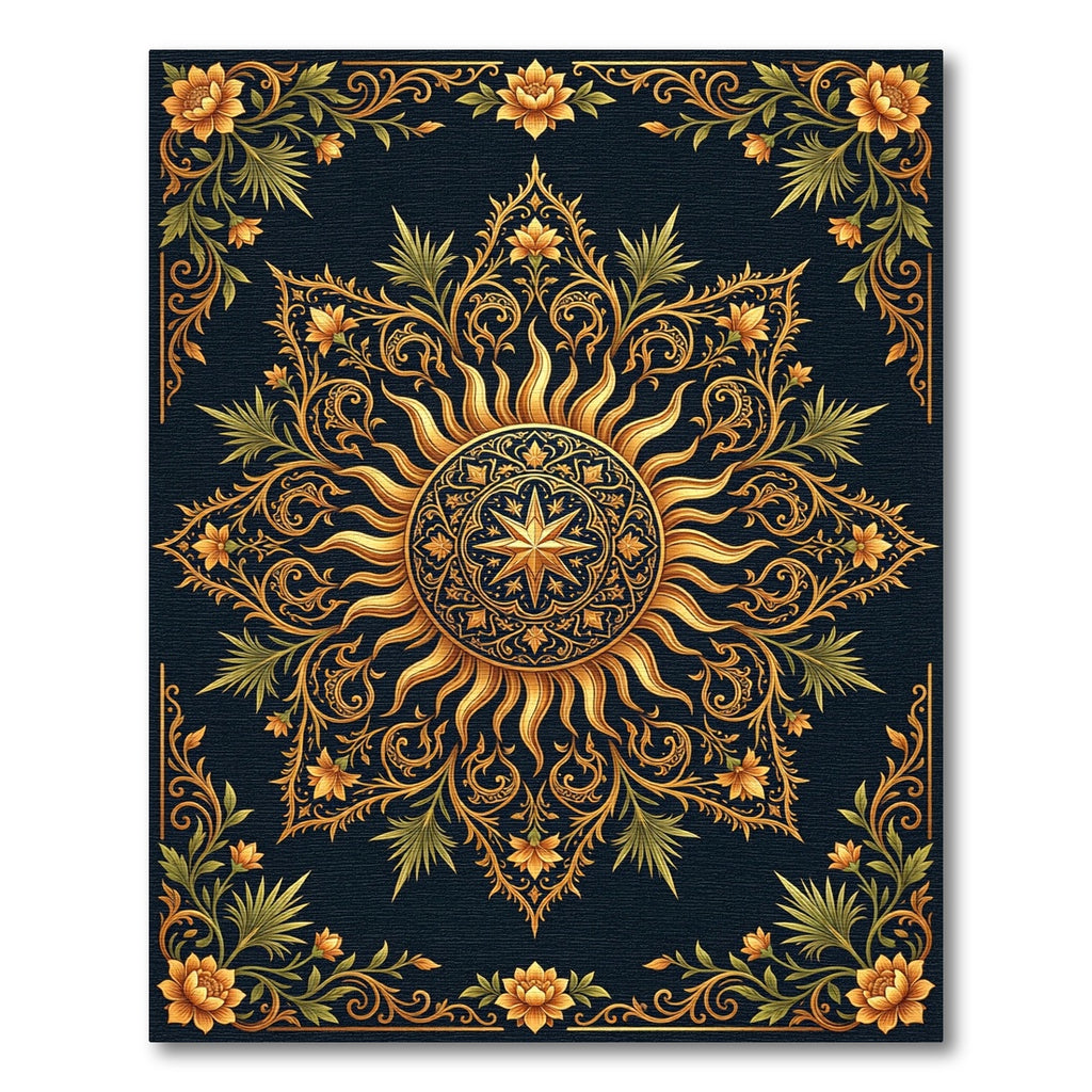 Ornate Golden Sunburst Floral Medallion Rug