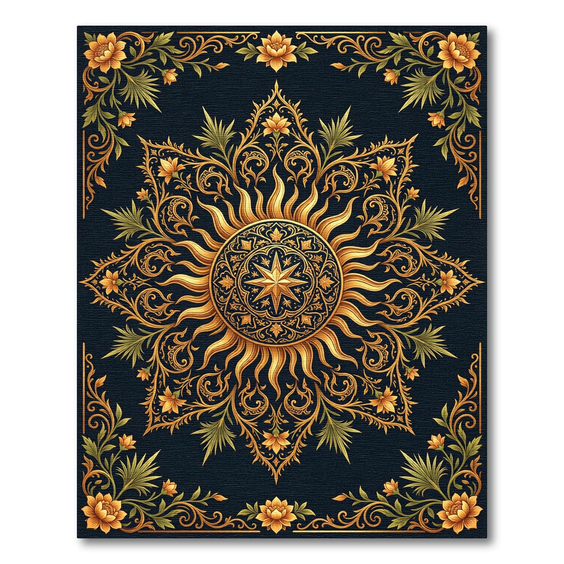Ornate Golden Sunburst Floral Medallion Rug
