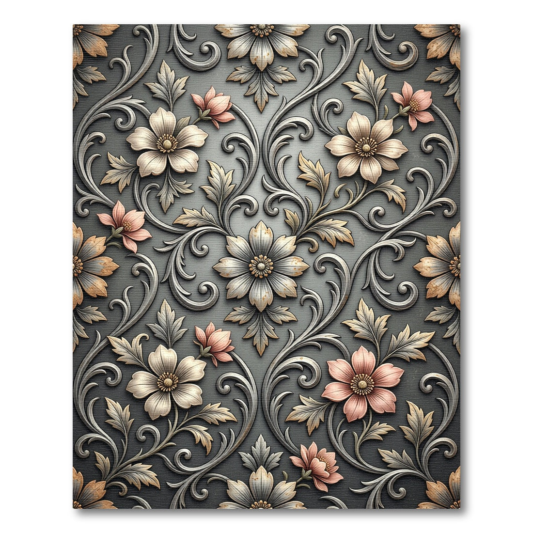 Elegant Floral Scrollwork Gray Rug