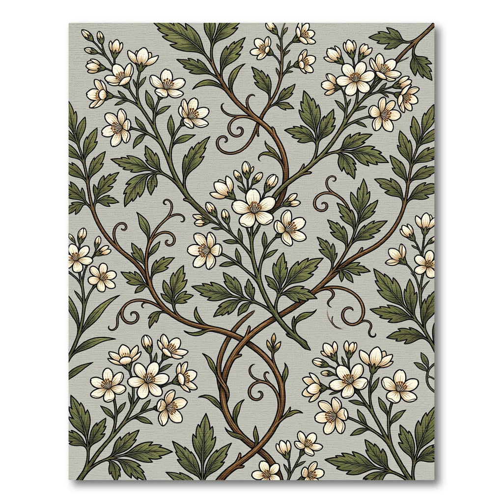 Sage Green Botanical White Blossom Vine Rug