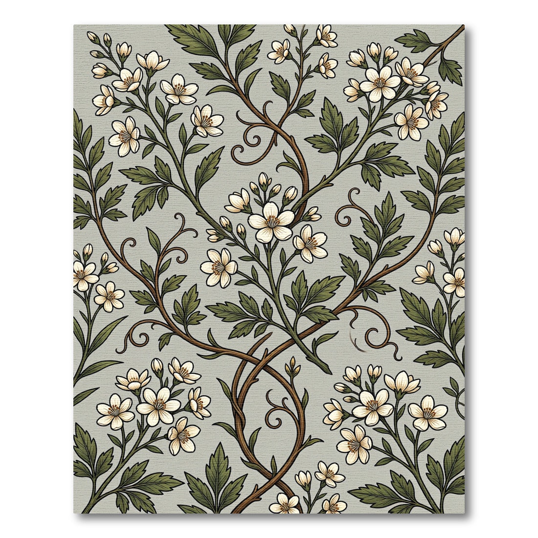 Sage Green Botanical White Blossom Vine Rug