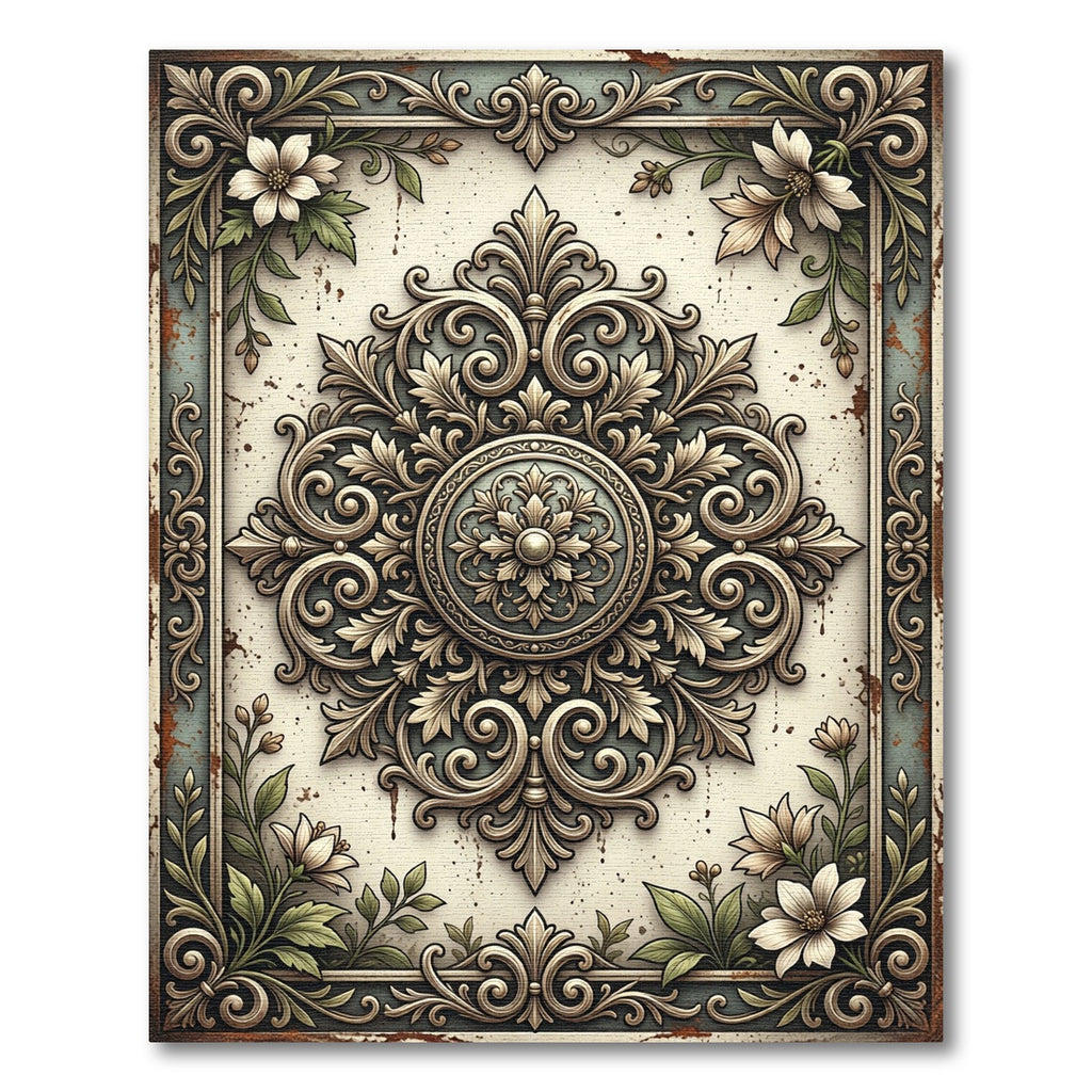 Cream Floral Damask Vintage Medallion Rug