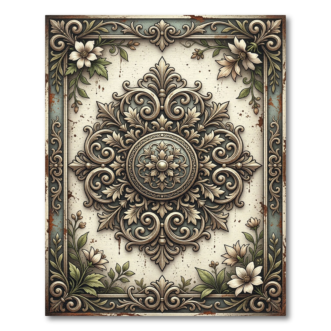 Cream Floral Damask Vintage Medallion Rug