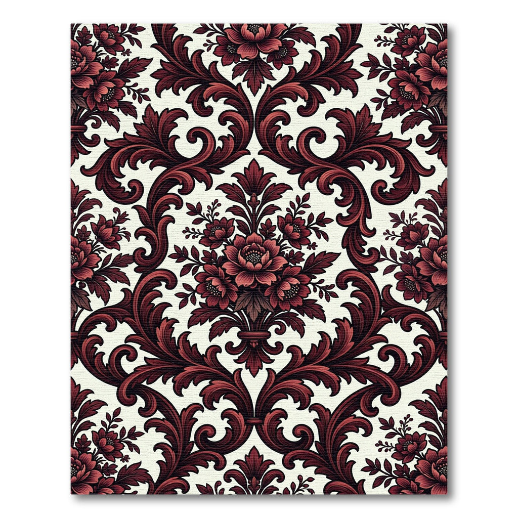 Dark Crimson Floral Damask Scroll Rug
