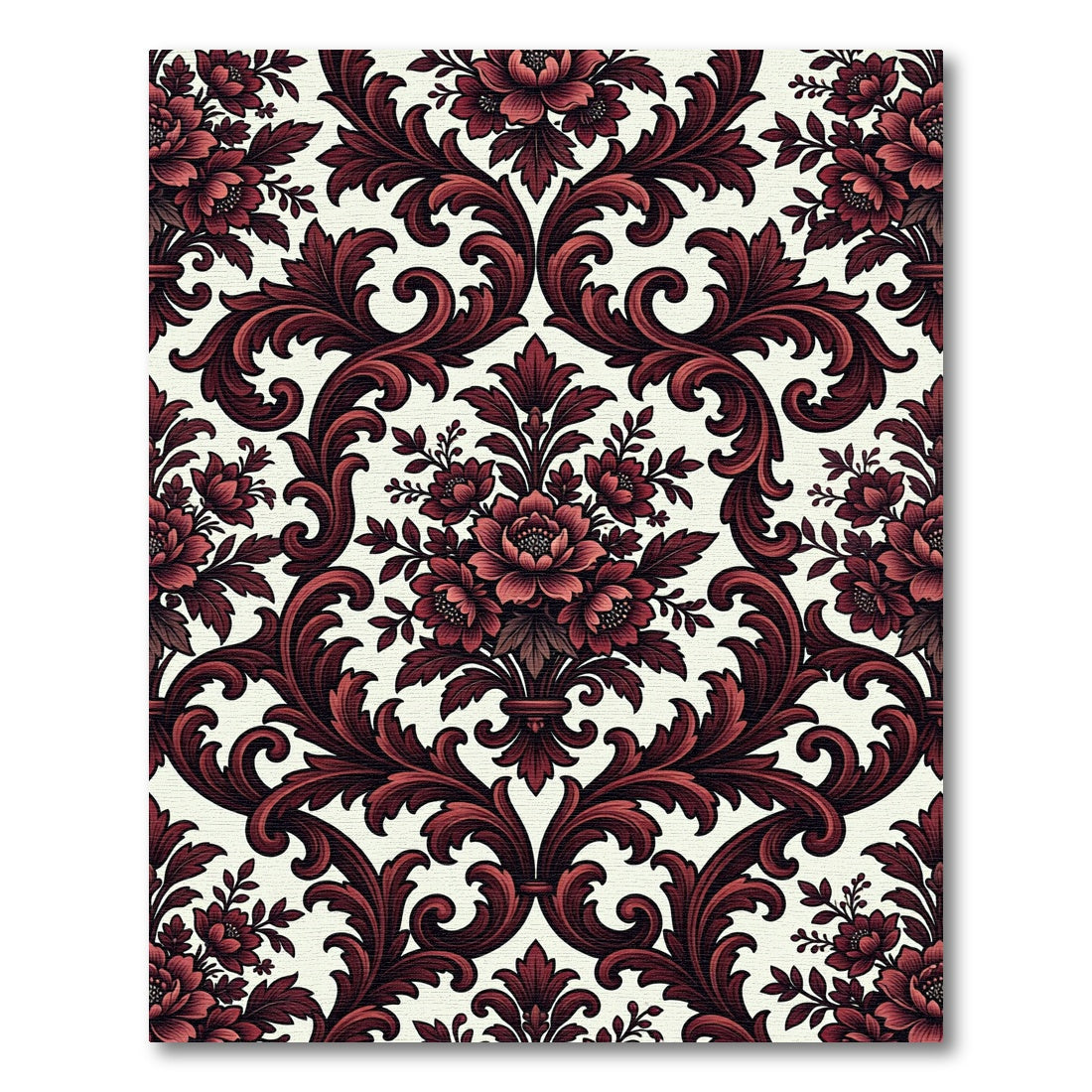 Dark Crimson Floral Damask Scroll Rug