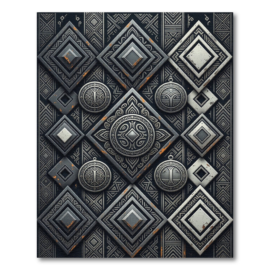 Dark Gray Geometric Diamond Medallion Rug