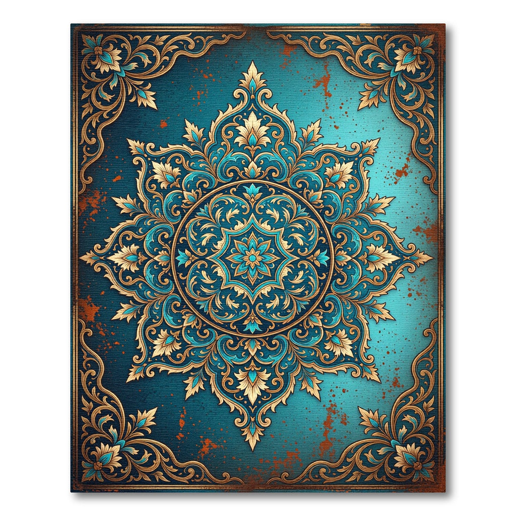 Ornate Teal Floral Medallion Scroll Rug