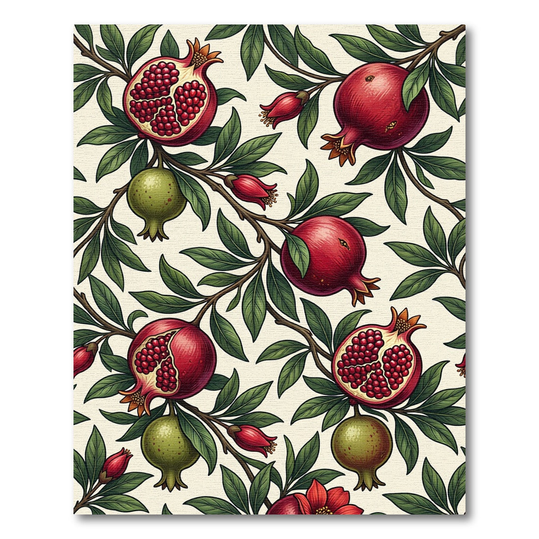Botanical Crimson Pomegranate Branch Illustration Rug