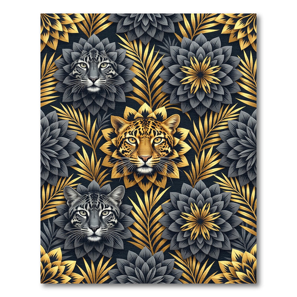Golden Leopard Black Floral Foliage Rug