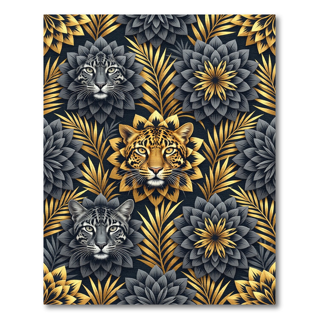 Golden Leopard Black Floral Foliage Rug