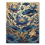 Deep Blue Golden Lotus Floral Composition Rug