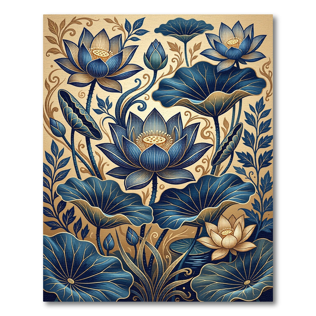 Deep Blue Golden Lotus Floral Composition Rug