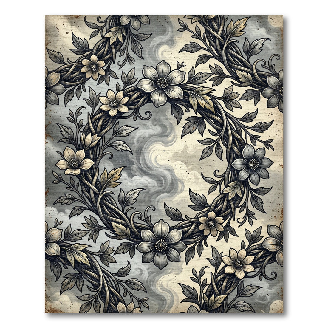 Ethereal Monochrome Botanical Wreath Swirl Rug