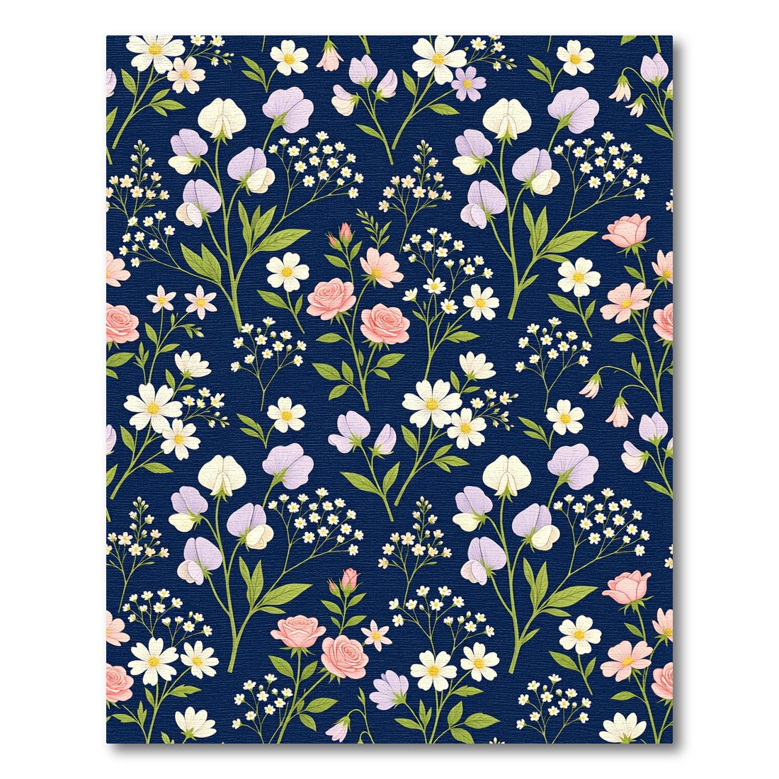 Pink White Floral Sprig Navy Rug