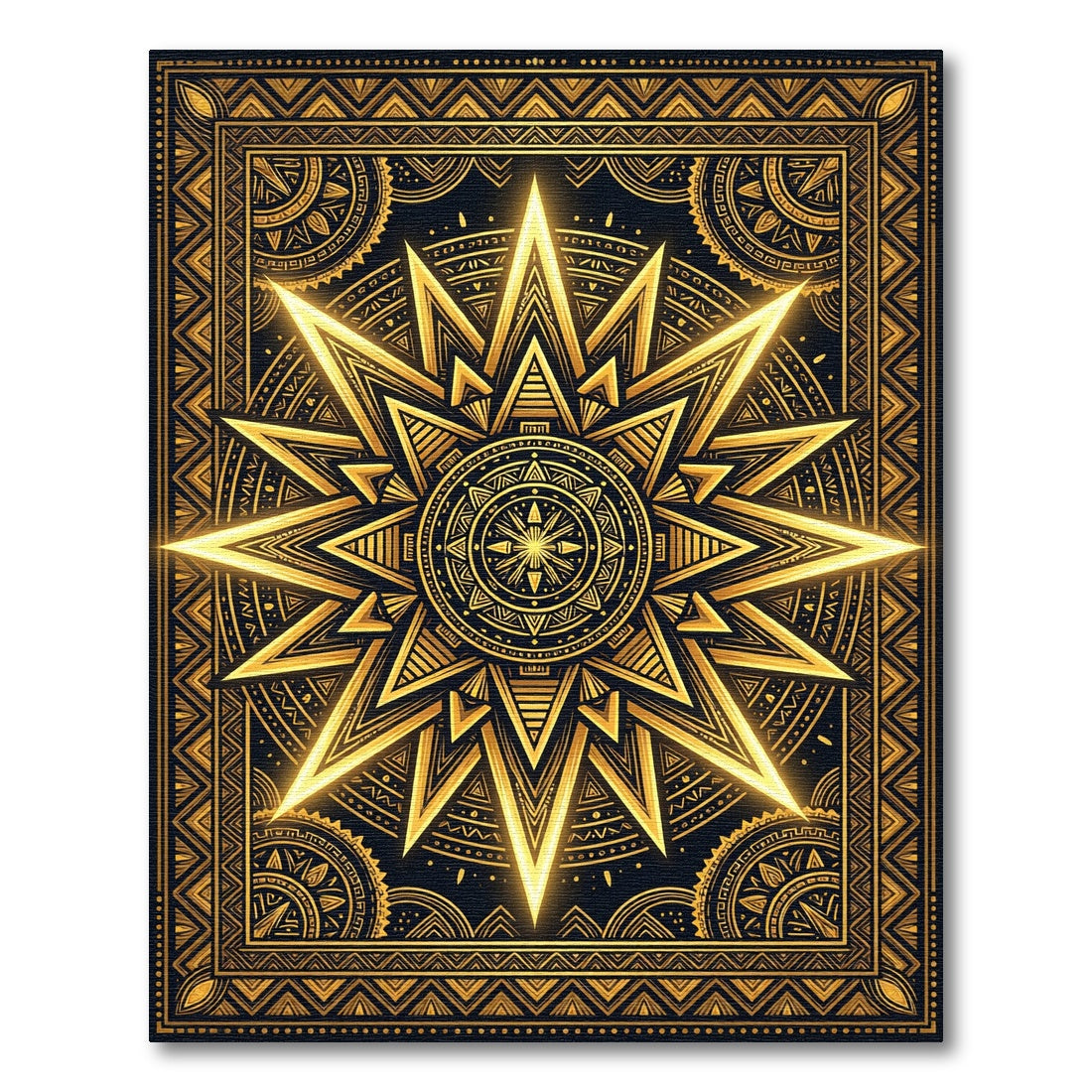 Radiant Golden Sunburst Celestial Geometry Rug