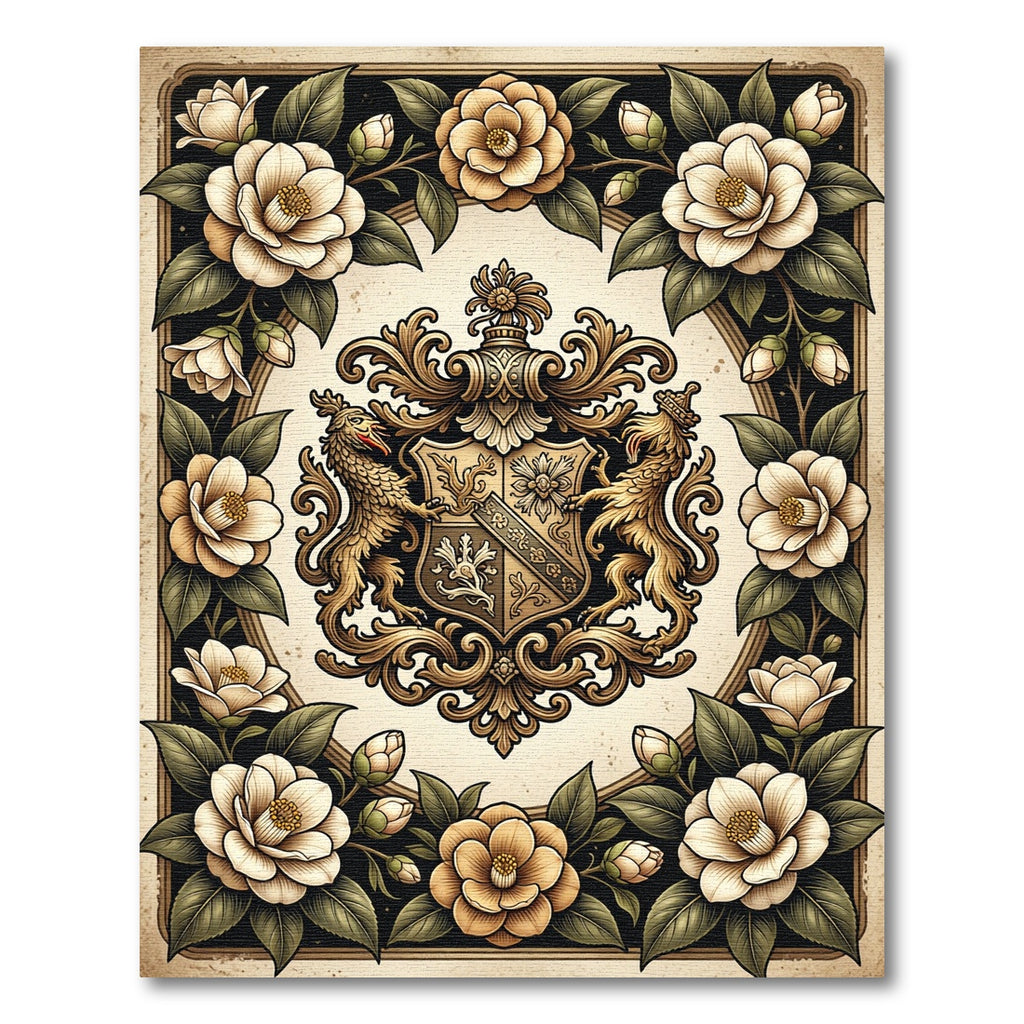 Elegant Gold Crest Camellia Floral Rug